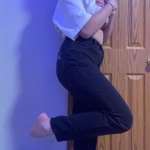 Black baggy jeans with white flames on the back pockets from shein, size small